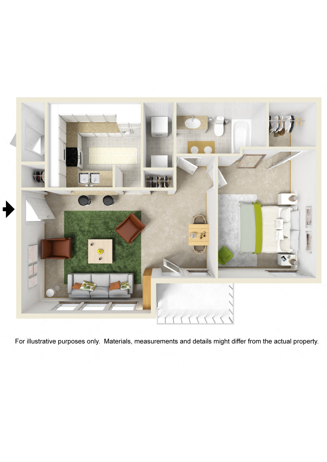 Floor plan for 1 bed, 1 bath, 738 sqft
